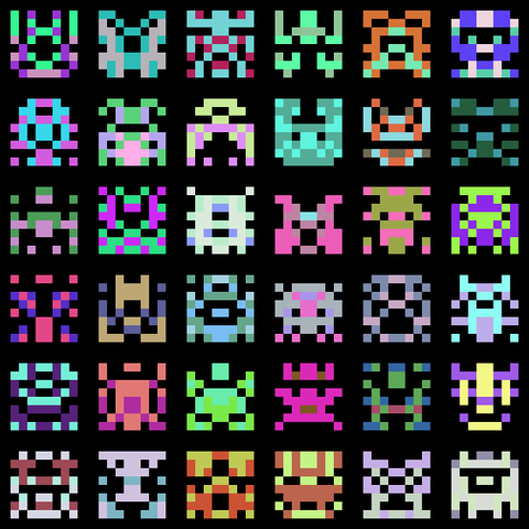 a 6x6 grid of multicolored 8x8 pixel aliens a la space invaders