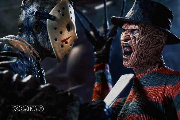 Jason and Freddy Face off with one another, Jason holds machete up to Freddy's Neck as Freddy holds his knife glove up in the air ready to take a swipe, mouth open in anger