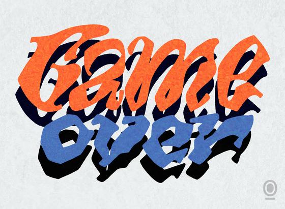 Orange and blue lettering piece with heavily calligraphic and a bit unreadable letters spelling the words "game over" on a textured background that looks like grainy paper.