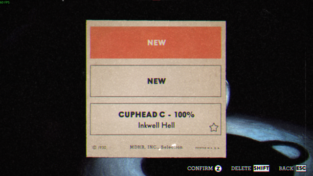 Screenshot from the Cuphead game, showing a single Save File marked as 100% complete, with an empty star stamp.