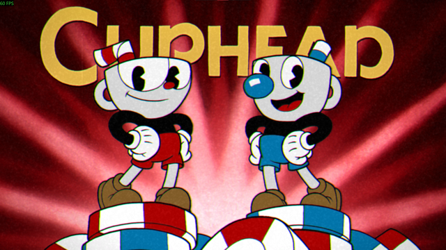 Intro screen from the game Cuphead. Cuphead and Mugman are cartoon characters drawin in the 1940s rubber hose style. They wear black longsleeve shirts, white gloves, brown boots, and either red or blue shorts. They both have teacups heads with big cartoon eyes and straws coming from the top of their heads. They are posing with the title above and behind them.
