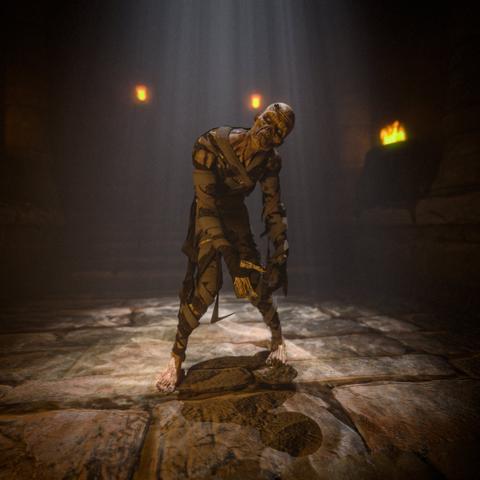 This image portrays a scene that appears to be from a dark, eerie environment, possibly a dungeon or ancient tomb.
In the center of the image, there is a humanoid figure wrapped in what looks like old, tattered bandages, resembling a mummy. The mummy is standing on a stone floor, with its arms slightly raised and bent at the elbows, as if it is walking or reaching out.
The mummy's face is partially visible, showing a somewhat decayed appearance. The lighting in the scene is dim, with a few small, flickering lights in the background, possibly torches, casting an orange glow and creating shadows that add to the spooky atmosphere.
The overall setting is dark and mysterious, evoking a sense of ancient history and the supernatural.