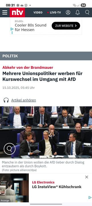 Mehrere Unionspolitiker werben für
Kurswechsel im Umgang mit AfD
15.10.2025,  ntv

Manche in der Union wollen die AfD lieber durch Dialog
entzaubern als durch Boykott