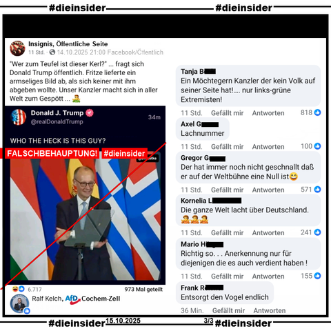 Ralf Kelch von der AfD Cochem-Zell in Rheinland-Pfalz und Direktkandidat zur Landtagswahl 2026 teilt ein Fake-Bild über Bundeskanzler Friedrich Merz. Angeblich hättet Donald Trump auf seiner Plattform "Truth Social" einen Post veröffentlicht, der ein Bild von Merz auf dem Gaza-Friedensgipfel zeigt und dazu der Text "WHO THE HECK IS THIS GUY?" ("WER ZUM TEUFEL IST DIESER TYP"). Er kommentiert mit "👍🤣🥳🥳🤡".