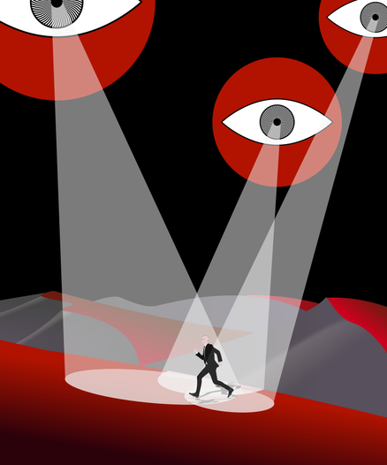 Au milieu d’un desert, un homme cours sur une dune tandis que sont braqués sur lui lumières, comme autant de projecteurs, émanant des pupilles de trois yeux suspendus dans les airs.