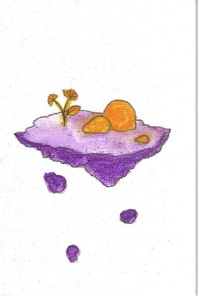 Une île qui flotte avec trois cailloux et une fleur dessus