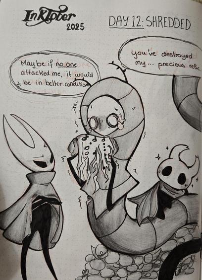 Relic seeker grounge is looking a shredded relic with a panicked face, hornet is watching them with an angry face.