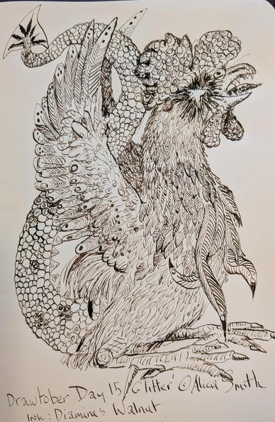 A fierce pen and ink basilisk, with a long dragon like tail and a rooster head.