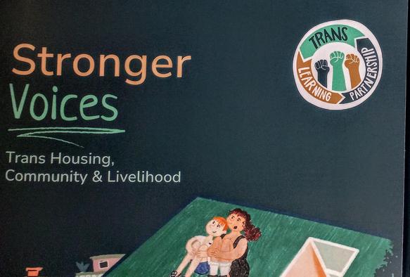 The cover of the Stronger Voices report shows two young people lying on the roof of their house and looking at the night sky while taking. The logo of the Trans Learning Partnership is on the corner. Its title is Stronger Voces: Trans Housing, Community and Livelihood