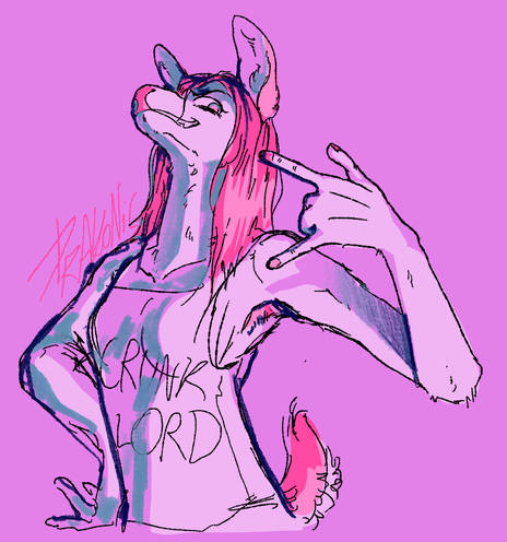 drawing of a deer pirl with pink hair and a tank top that says "crunk lord"