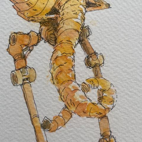 Detalle de la ilustracion, robot con color amarillo con piernas flaquitas y una trompa metalica compuesta por varios anillos