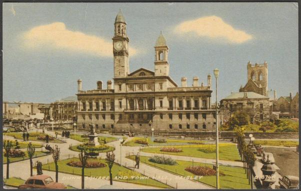 Printed colour postcard showing a view of Dunn Square and the Town Hall at Paisley in Renfrewshire.

Published by Valentine & Sons Ltd, Dundee & London, Collocolour, No D 3748, photo registered in 1959.

Postally used on 20 April 1966 with Paisley cancellation on purple 3d stamp and sent to 79 Cressing Road, Witham, Essex, England.

Fairly good condition, with very slight corner bumps, but some light creases to centre of top edge.