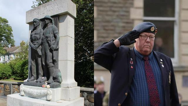 Montage image featuring Llanelli Cenotaph and RAF veteran Cllr Rob Evans in military uniform saluting.