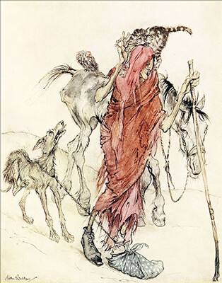 The Hag of the Mill, Arthur Rackham, 1920; drawing of an emaciated woman with a cat on her shoulder and a staff, dressed in rags, leading an emaciated dog and horse