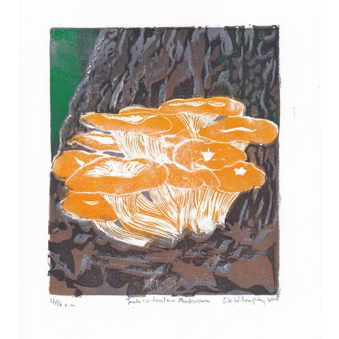 As described this is my 8” x 10” linocut reduction print of a clump of several Eastern jack-o-lantern mushrooms in yellow-orange with glow-in-the-dark gills against a decaying tree stump with textured bark in grey, brown and black, and ground with dead leaves with green in a corner of the background. The print is signed and numbered by me, Ele Willoughby, 2024.
