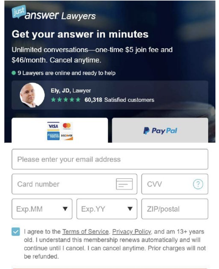 An example of JustAnswer.com’s sign-in wrap.