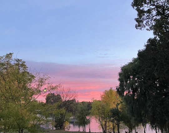 Pink orange sky ombré into blue with still green trees framing the view