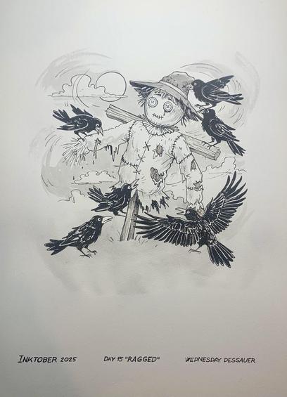 An ink and wash drawing of a ragged scarecrow being pecked and pulled at by crows.