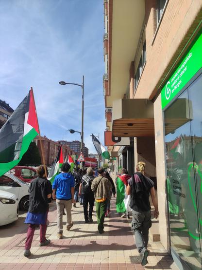 Grupo de personas caminando por la acera de una calle en ambiente urbano, vistas desde detrás. Varias llevan banderas palestinas, otras llevan puestas kufiyas, pañuelos palestinos
