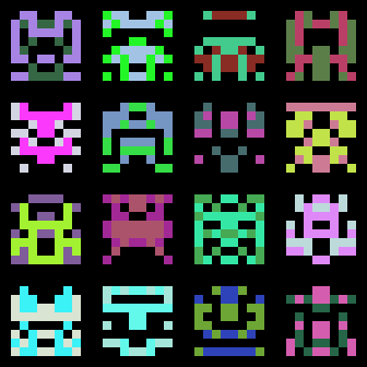 a 4x4 grid of multicolored 8x8 pixel aliens a la space invaders