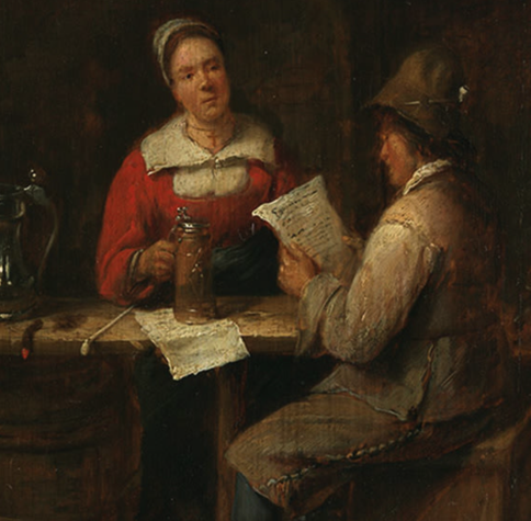 A detail from a painting showing a woman listening to a man reading out loud from a letter. The scene is set in the 17th century. The painting is from Gillis van Tillborch: Der Brief (Bayerische Staatsgemäldesammlungen – Staatsgalerie Neuburg, URL: https://www.sammlung.pinakothek.de/de/artwork/0vxoWwKx2V (Zuletzt aktualisiert am 10.10.2025)