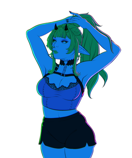 A woman with horns pulling her neon green hair into a ponytail