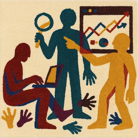 Eventbild in Wandteppichoptik mit herbstlichen Farben. Dargestellt sind eine sitzende Person mit Laptop auf den Knien, eine auf ein durchs runde Fenster hängende Kabel zeigende Person, sowie eine dieses Kabel haltende Person vor einem Spreadsheet.