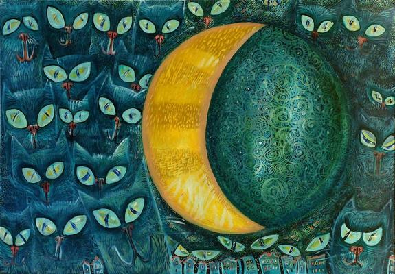Painter – Anna Rona
Series of paintings – Animals
Title of the painting – There is water on the moon.
Technique – oil on canvas
Dimensions – 100 cm x 70 cm x 2 cm
Date of creation – 2012
The painting is in a private collection.
#annarona #cats #water  #moon  #vegetation #mysteries #stars #night