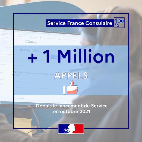 Graphic displays a computer screen background with the Service France Consulaire logo in blue and white featuring a phone icon. Text overlay reads +1 Million APPELS with a thumbs up emoji. Below it states Depuis le lancement en octobre 2021. French flag appears in the bottom right corner. Blue border frames the entire image.