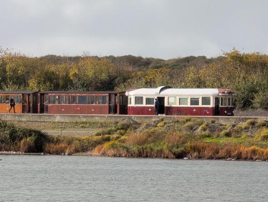 Historischer Dieseltriebwagen der RTM in beige-rot, dahinter mehrere Personenwagen mit Holzaufbau