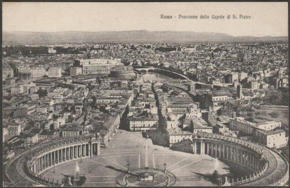 Printed monochrome postcard showing a panoramic view of Rome in Italy, seen from the dome of St Peter's Basilica.

Published by Stabilimento Tipografico Alterocca, Terni, No 34912, c.1910s.

Postally unused.

Very good condition, with very slight corner bumps.