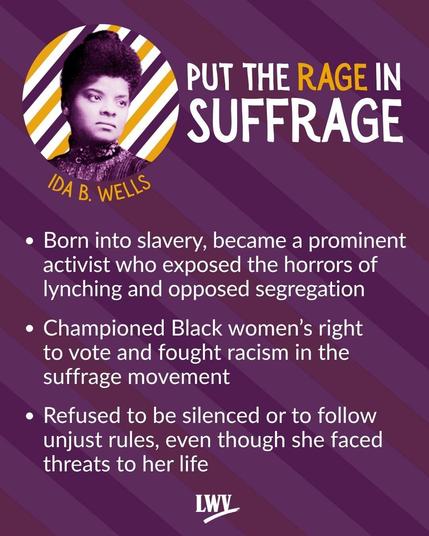Ida B. Wells. Born into slavery, became a prominent activist who exposed the horrors of lynching and opposed segregation. Championed Black women’s right to vote and fought racism in the  suffrage movement. Refused to be silenced or to follow unjust rules, even though she faced threats to her life.