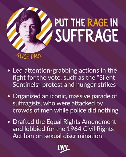 Alice Paul. Led attention-grabbing actions in the fight for the vote, such as the “Silent Sentinels” protest and hunger strikes. Organized an iconic, massive parade of suffragists, who were attacked by crowds of men while police did nothing. Drafted the Equal Rights Amendment and lobbied for the 1964 Civil Rights Act ban on sexual discrimination.