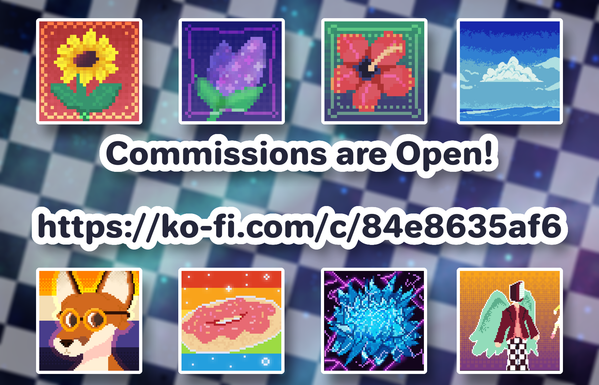 A banner showing many of the pixel art pieces that DOOMVEGA has made. It reads, "Commissions are Open!" and features a link to a Ko-Fi commission.