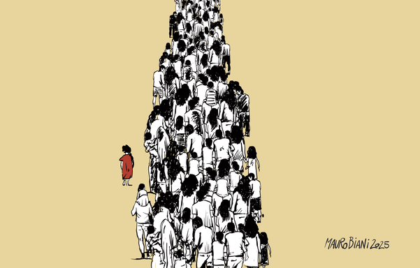 persone in marcia in fila. Bambina con vestitino rosso.