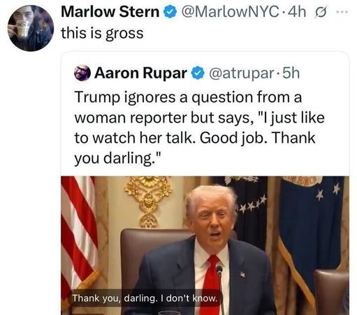 Tweet by Marlow Stern (@MarlowNYC) saying: “This is gross,” quote-tweeting Aaron Rupar. The embedded Rupar tweet reads: “Trump ignores a question from a woman reporter but says, ‘I just like to watch her talk. Good job. Thank you darling.’” Below is a photo of Donald Trump seated, speaking at a table with flags behind him, and captioned “Thank you, darling. I don’t know.”