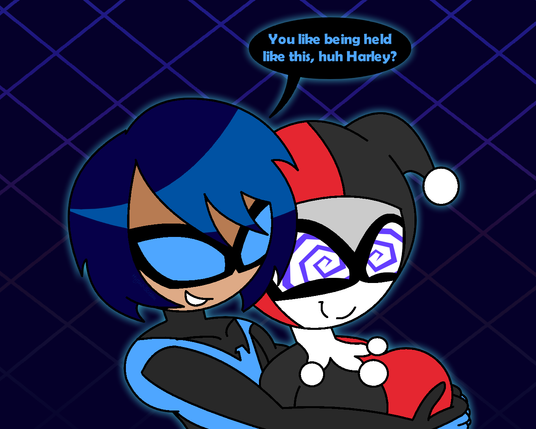 Nightwing: You like being held like this, huh Harley?

Nightwing hugging a hypnotized Harley Quinn, his hands notably on her breasts