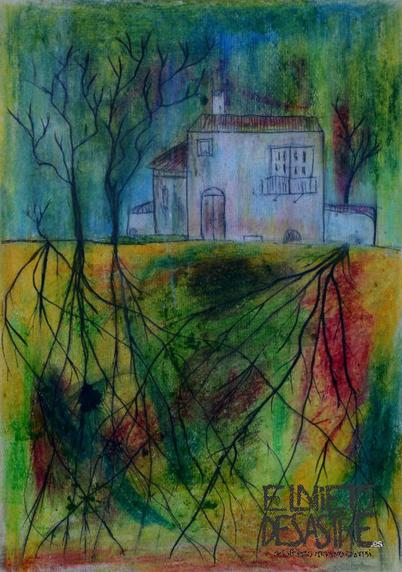 Pintura de una casa de campo con sus árboles y estos con sus raíces. Raíces de árbol y raíces a un lugar.
