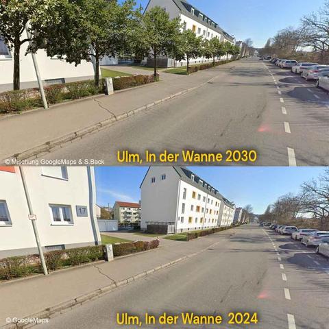 Unten sieht man eine Ulmer Straße wie sie heute ist: rechts parken Autos links eine Häuserreihe. Dazwischen Straße, schlechte Luft und Hitze.
Im Oberen Bild haben wir eine lange Reihe Bäume vor die Häuser gepflanzt, damit die Menschen, die dort wohnen eine bessere Luft und zwitschernde Vögel vor dem Fenster haben können.