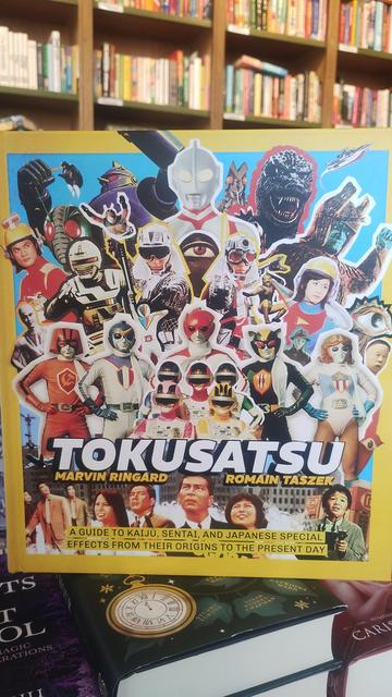 Coffee table book Tokusatsu, a collage of various characters in costumes and kaiju from Japanese films
