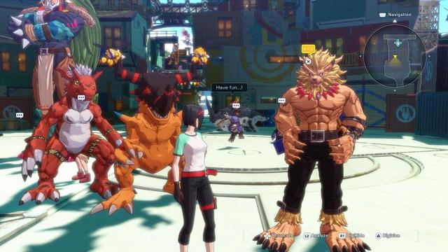 standing in the main town in digimon surrounded by several digimon like Leomon, Geogreymon, Guilmon, Merukimon, and others in the background.