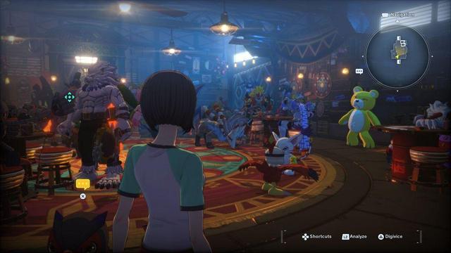 standing inside a low lit bar with several digimon like Frost Leomon, Gatomon, Devimon, and Agunimon