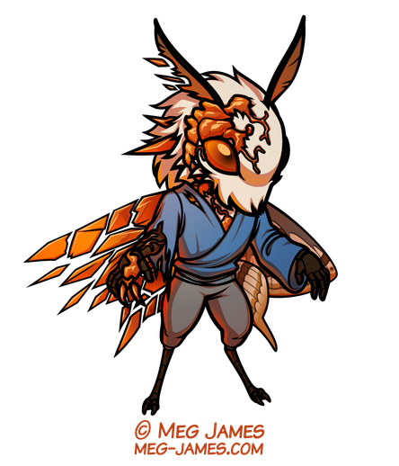 "Mini"-style drawing of Silent Stream, a mothryn, portrayed as a zombie/ghoul with his arm, neck, face and chest 'infected' by growths of amber. (one of his moth wings has also been replaced by floating shards of amber, but it was like that to begin with)