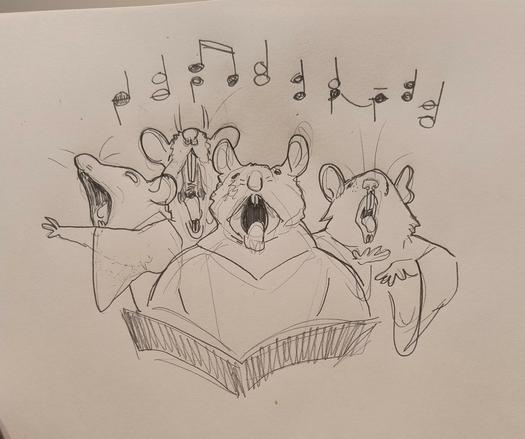 a pencil drawing of four rats in robes. they are standing together and singing. musical notes are drawn in the air above them
