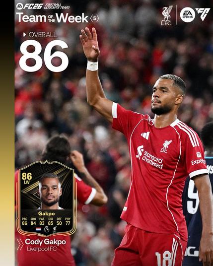 Photography of Cody Gakpo's Team of the Week card on EA SPORTS FC 26.
