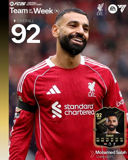 Photography of Mo Salah's Team of the Week card on EA SPORTS FC 26.