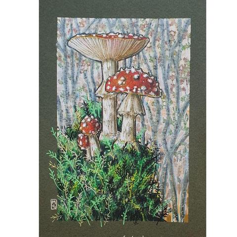 Full description: 
A small colour drawing of red and white fly agaric mushrooms on a mound of earth covered in mosses deep in the forest.
Fly agaric is native to the UK. It grows in woodland and heathland on light soils among birch, pine or spruce.
An original art work, please note that the frame is not included.
Colour pencil and mixed media on acid free toned artist paper
5 by 7 inches (12.7 by 17.8 cm).