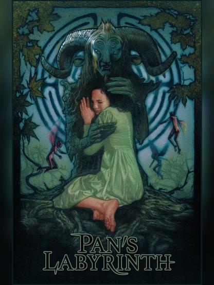 Illustration showing a barefoot young girl with dark hair wearing a light green dress, seemingly crying as she is being comforted by a large, faun-like creature who while expressionless is clearly holding her affectionately. Behind them there is a maze-like circular shape, and they are surrounded by branches and leaves, and 3 pixies are flying around them.The "Pan's Labyrinth" title is placed at the bottom of the image.