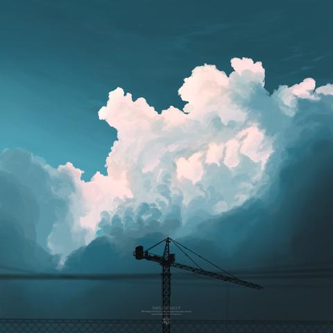 drawing of a crane in front of some clouds