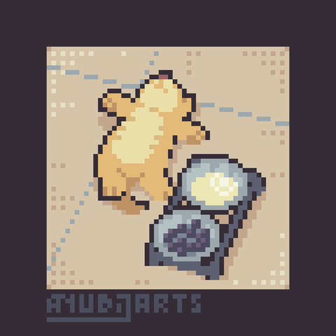 A Pixel Art Redraw featuring a cat next to a bowl of food and milk, lying upside down with their paws extended to all sides, probably trying to rest a bit.